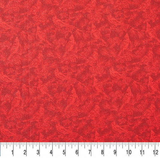 Red Cardinals with Glitter Accent 100% Cotton Fabric - Sold by the 1/2 yard increment