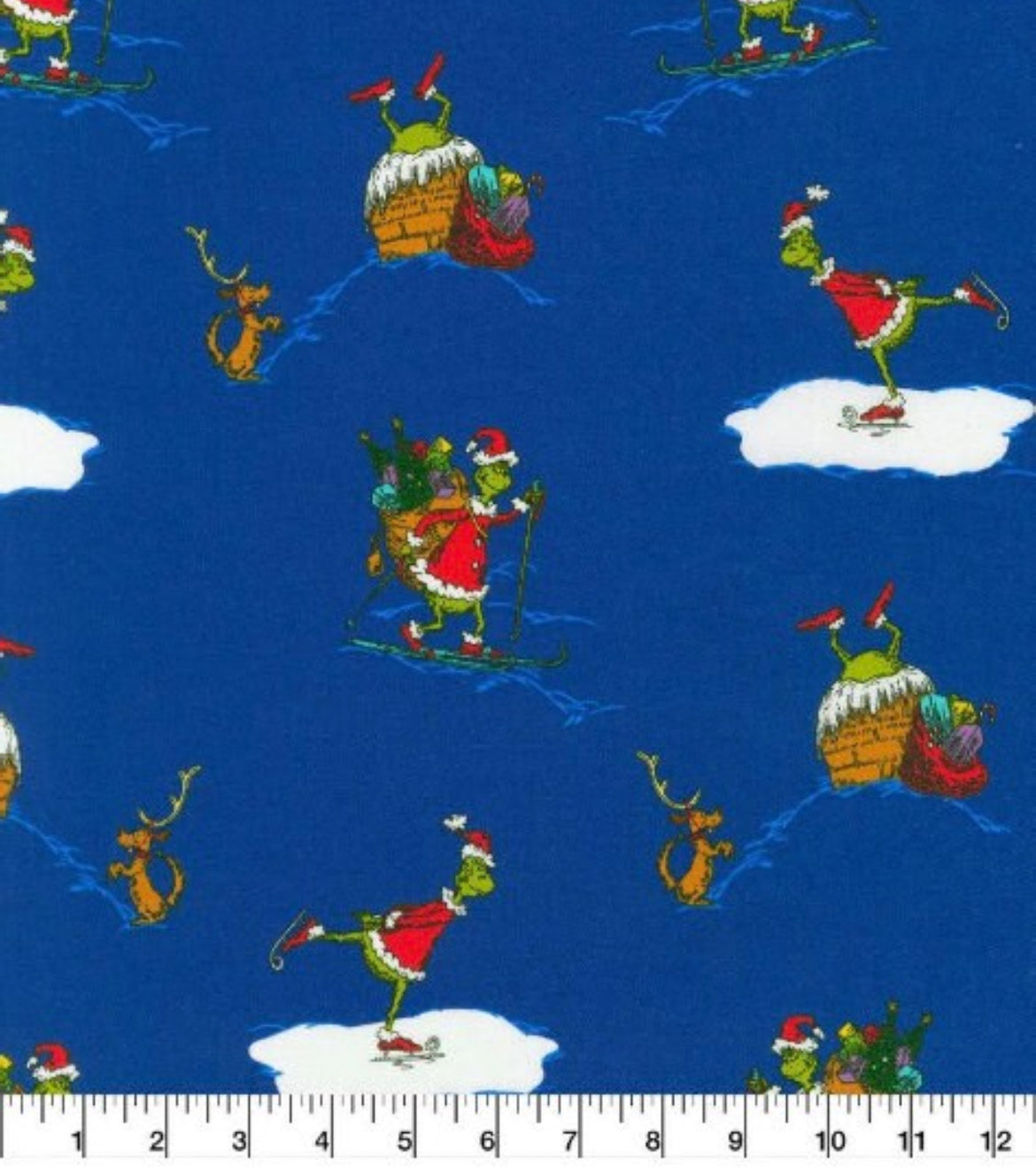 Blue Grinch 100% Cotton Fabric -Dr. Seuss Licensed Fabric by Robert Kaufman- Sold by the 1/2 yard increment