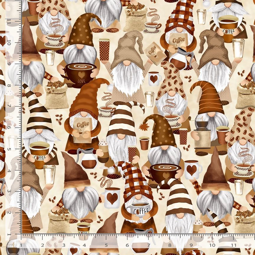 Beige Coffee Gnomes 100% Cotton Fabric- Timeless Treasures TT-Gail CD2027 - Sold by the 1/2 yard increment