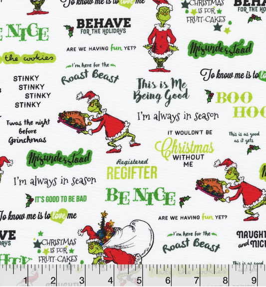 The Grinch Words Christmas Character  - Sold by the 1/2 yard increment100% Cotton Fabric -Dr. Seuss Licensed Fabric