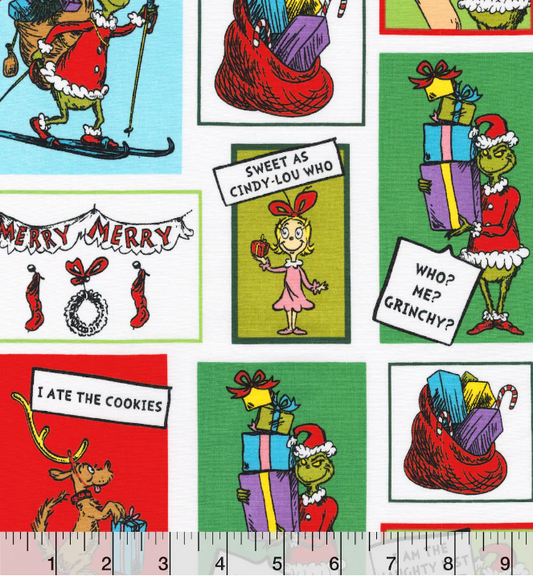 Grinch Tales Character 100% Cotton Fabric -Dr. Seuss Licensed Fabric- Sold by the 1/2 yard increment