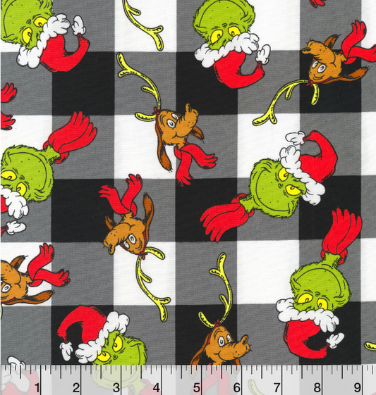 Grinch Buffalo Check Character 100% Cotton Fabric -Dr. Seuss Licensed Fabric- Sold by the 1/2 yard increment