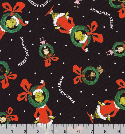 Grinch Wreath Toss on Black Character 100% Cotton Fabric -Dr. Seuss Licensed Fabric - Sold by the 1/2 yard increment