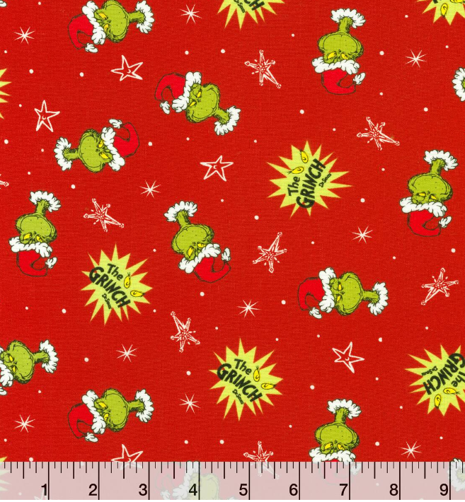 Grinch Head Toss Character 100% Cotton Fabric -Dr. Seuss Licensed Fabric- Sold by the 1/2 yard increment