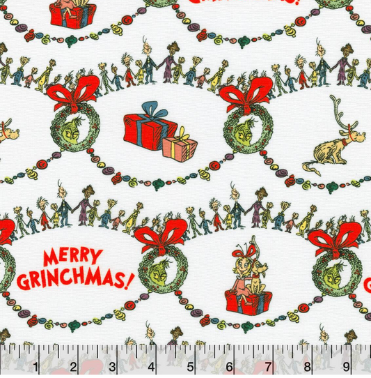 Merry Grinchmas on White Grinch Character 100% Cotton Fabric -Dr. Seuss Licensed Fabric - Sold by the 1/2 yard increment