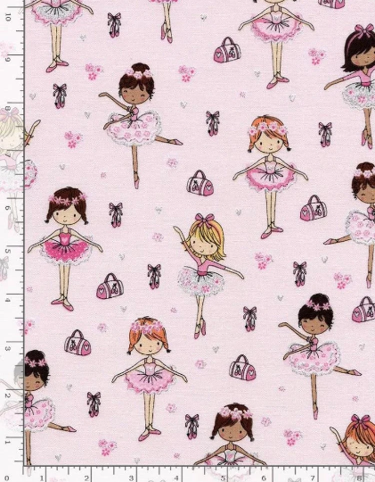 Pretty Glitter Accent Ballerinas on Pink Cotton Fabric - Sold by the 1/2 yard increment