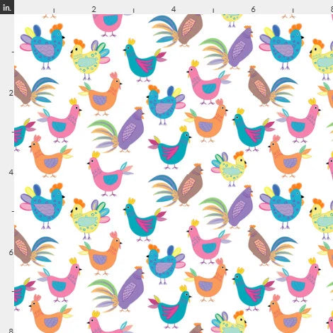 Colorful Chickens on White- cotton Fabric - 100% Cotton -- Sold by the 1/2 yard increment