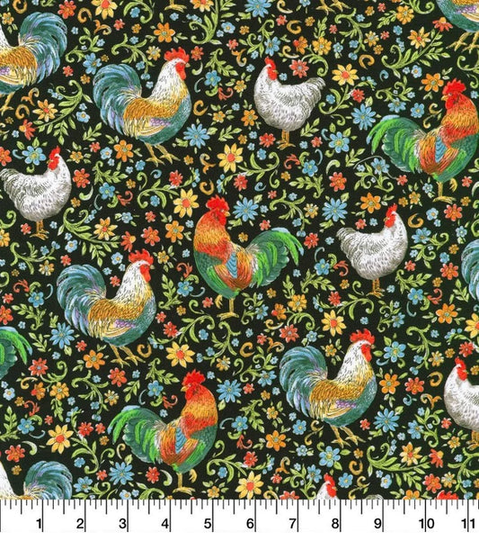 Floral Roaming Roosters 100% Cotton Fabric - Robert Kauffman- Sold by the 1/2 yard increment