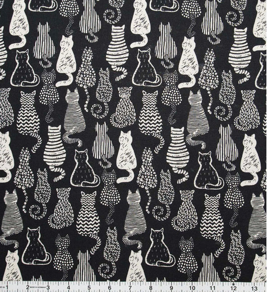 Cat Shape Filled on Black Novelty 100% Cotton Fabric- Sold by the 1/2 yard increment