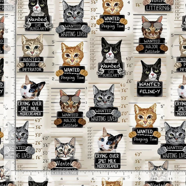 Cat Mugshots Beige 100% Cotton Fabric- Timeless Treasures i- Sold by the 1/2 yard increment