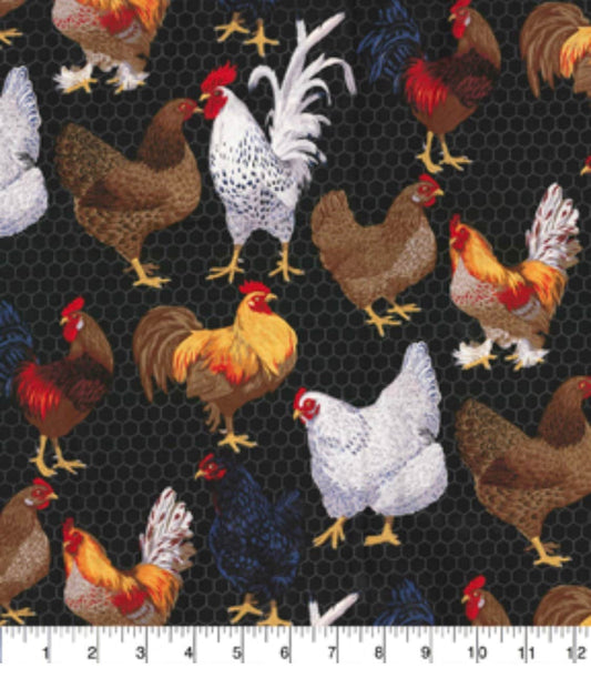 Black and white roosters and chickens on Black 100% Cotton Fabric - Sold by the 1/2 yard increment