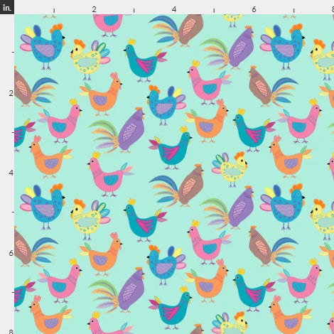 Colorful Chickens on Aqua- cotton Fabric - 100% Cotton -- Sold by the 1/2 yard increment