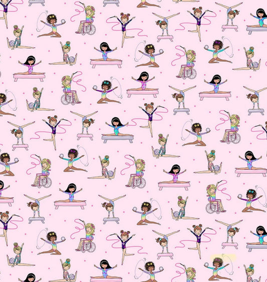 Pink - Gymnastics Training Cotton Fabric - Timeless Treasures - Sold by the 1/2 yard increment