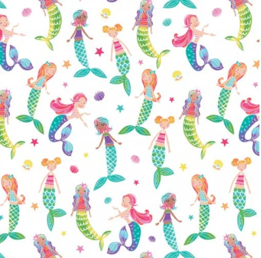 Mystical Mermaids - Mermaid Friends White Pearl Cotton Fabric - Sold by the 1/2 yard increment