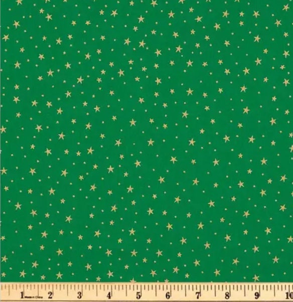 Gold Stars on Green Christmas Cotton Fabric-- Sold by the 1/2 yard increment