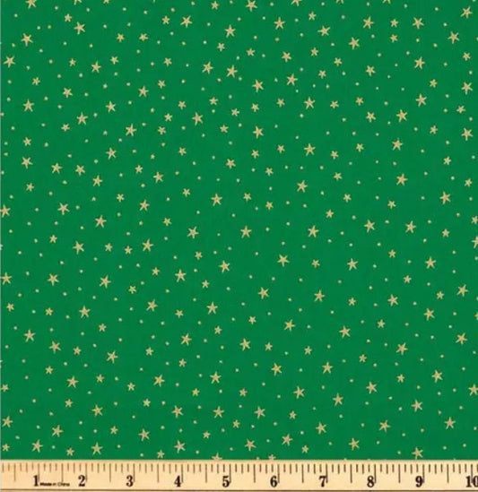 Gold Stars on Green Christmas Cotton Fabric-- Sold by the 1/2 yard increment