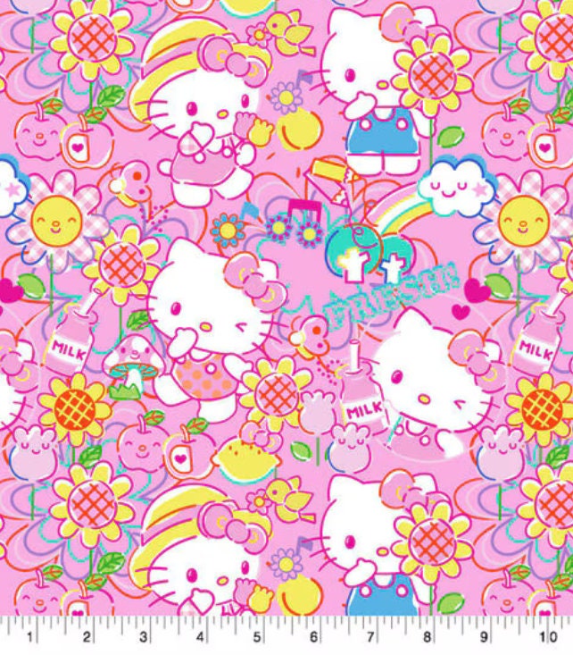 Hello Kitty Garden Doodle on Pink Cotton Fabric - 100% Cotton - Continuous Cuts - Sold by the 1/2 yard increment