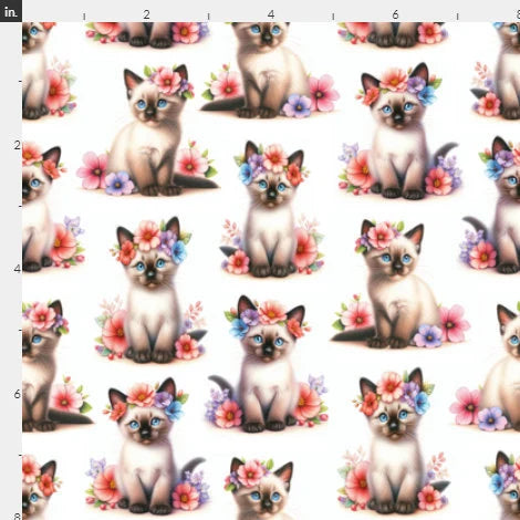 Floral Siamese Kitty Novelty 100% Cotton Fabric- Sold by the 1/2 yard increment