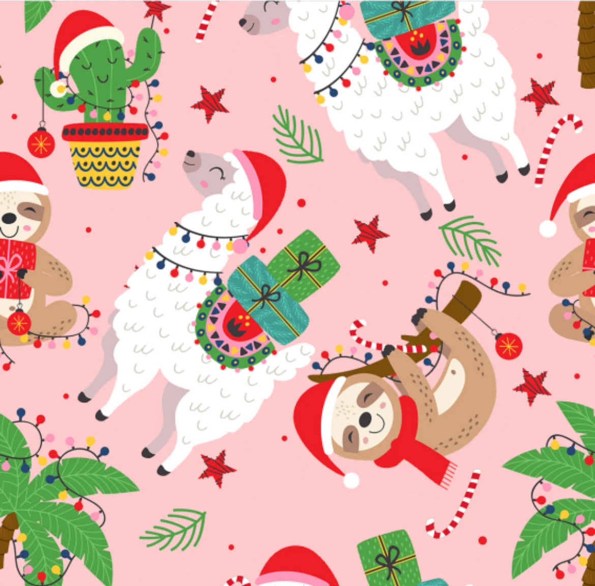 Llama Sloth Christmas Cotton fabric - 100% Cotton Fabric - Sold by the 1/2 yard increment