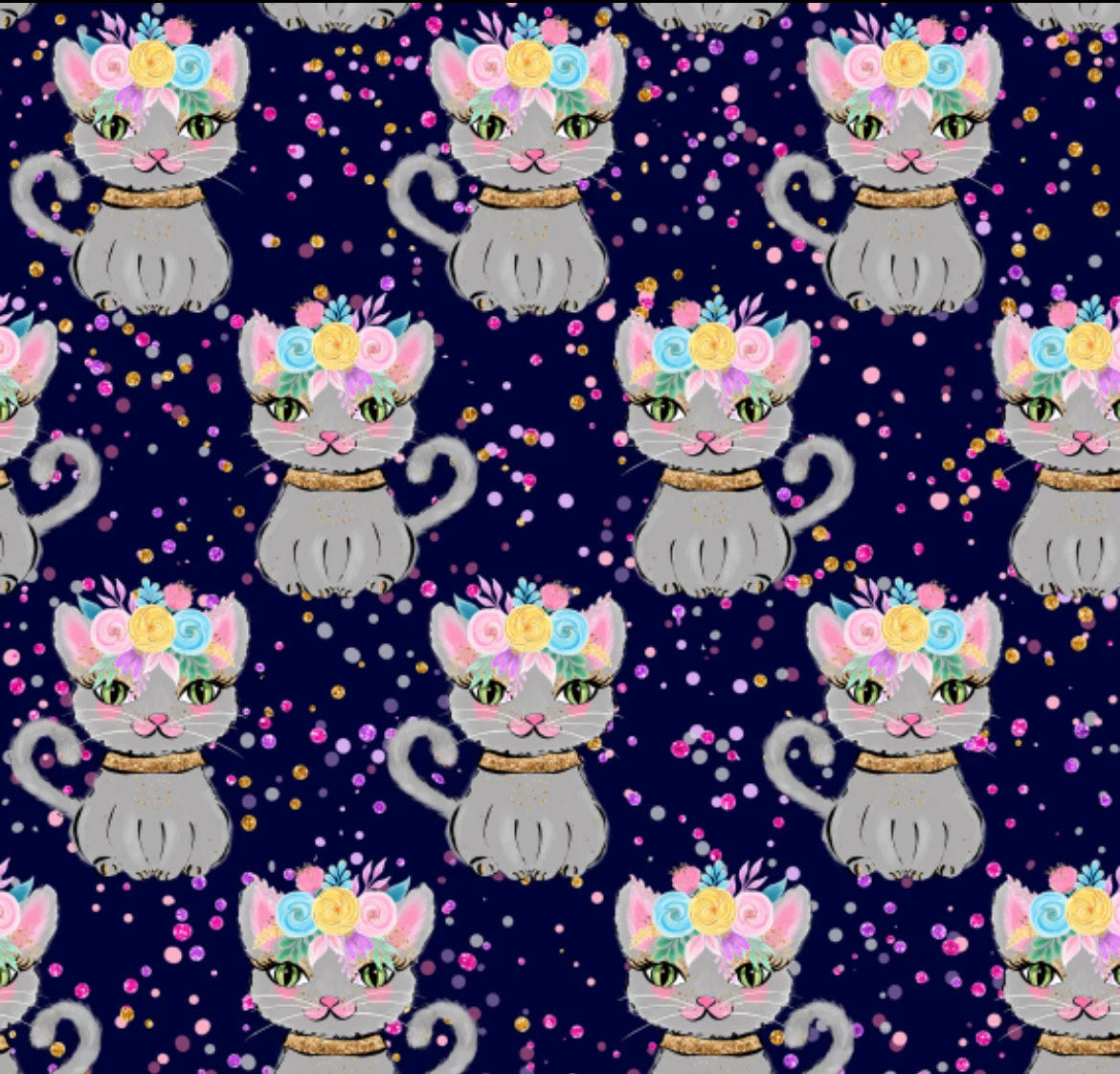 Pretty Floral Cats Novelty 100% Cotton Fabric- Sold by the 1/2 yard increment