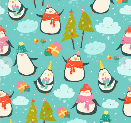 Merry Penguins Delight Christmas Cotton fabric - 100% Cotton Fabric - Sold by the 1/2 yard increment