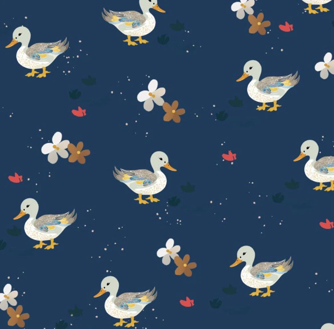 Ducks on Navy- cotton Fabric - 100% Cotton -Sold by the 1/2 yard increment