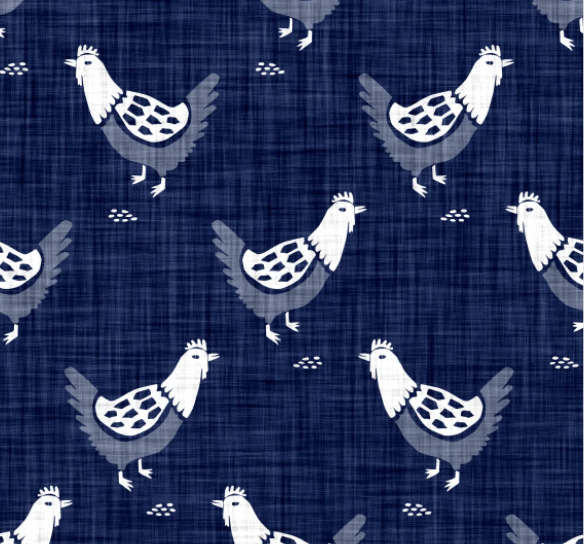 Navy Chickens & Roosters - cotton Fabric - 100% Cotton -Sold by the 1/2 yard increment