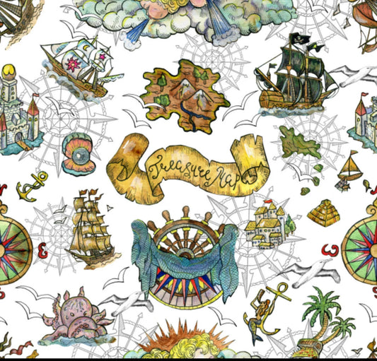 Pirate Treasure Map Cotton fabric - 100% Cotton Fabric - Sold by the 1/2 yard increment