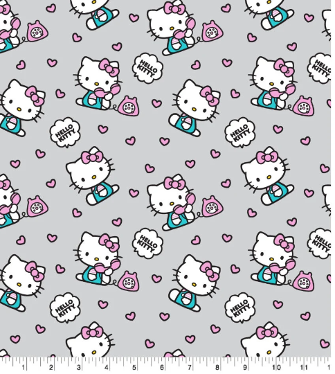 Hello Kitty Telephone on Gray Cotton Fabric - 100% Cotton - Continuous Cuts - Sold by the 1/2 yard increment