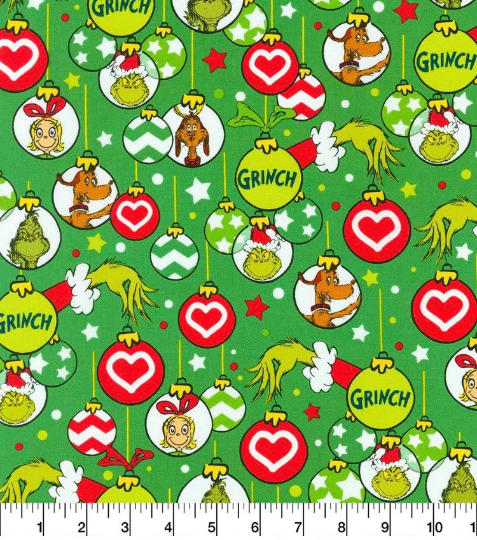 Grinch Ornaments on Green Christmas Character 100% Cotton Fabric -Dr. Seuss Licensed Fabric- Sold by the 1/2 yard increment